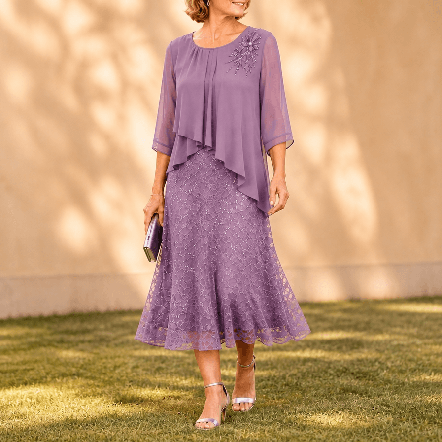 Elavine Floral Lace Overlay Chiffon Women's Midi Dress with Sheer Sleeves