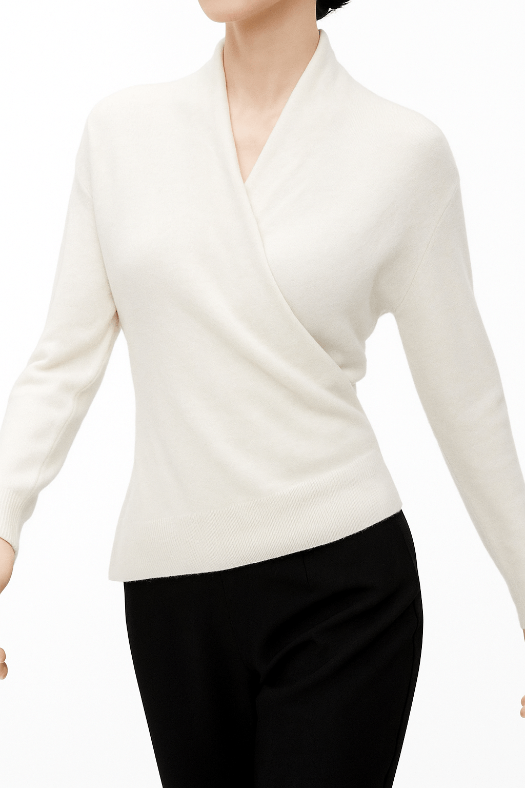 Women's Wrap-Front Knitted Sweater with V-Neck and Ribbed Hem