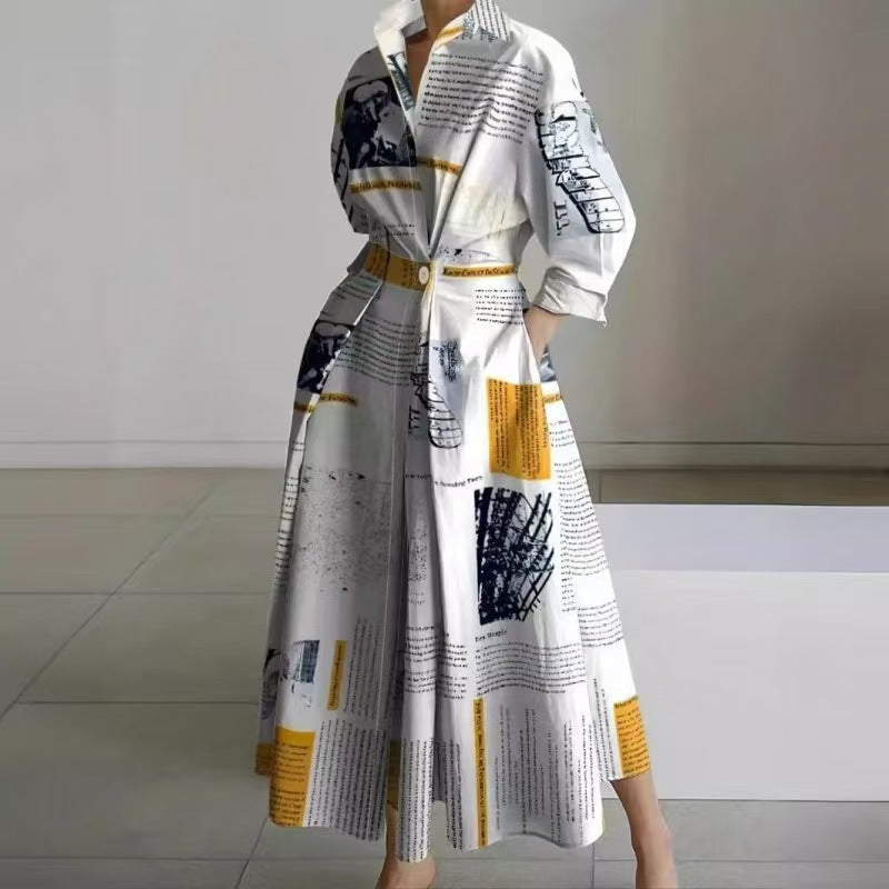 Women's Collared Front Wrap Newspaper Print Maxi Dress