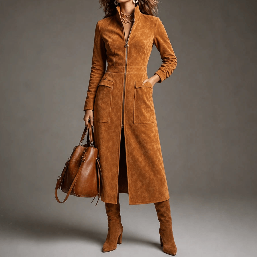 Women's Fitted Long Faux Suede Coat with Stand Collar and Full-Length Zip
