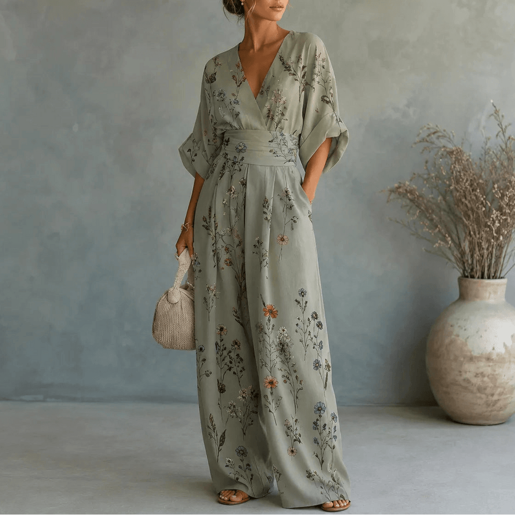 Floral Wide-Leg Jumpsuit with Cinched Waist in Place of a Two-Piece Set