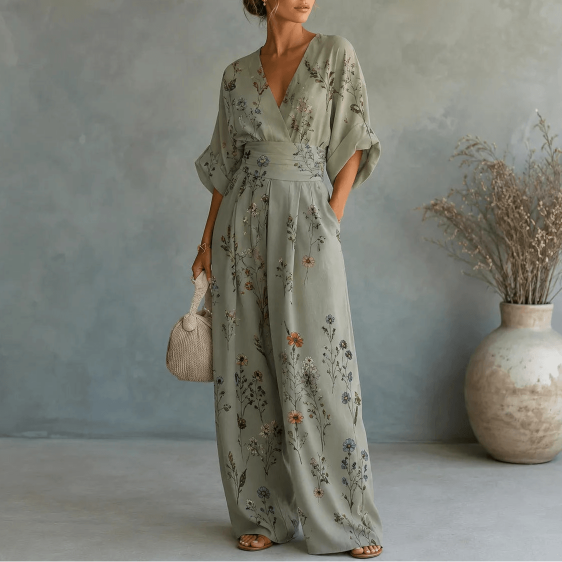 Floral Wide-Leg Jumpsuit with Cinched Waist in Place of a Two-Piece Set