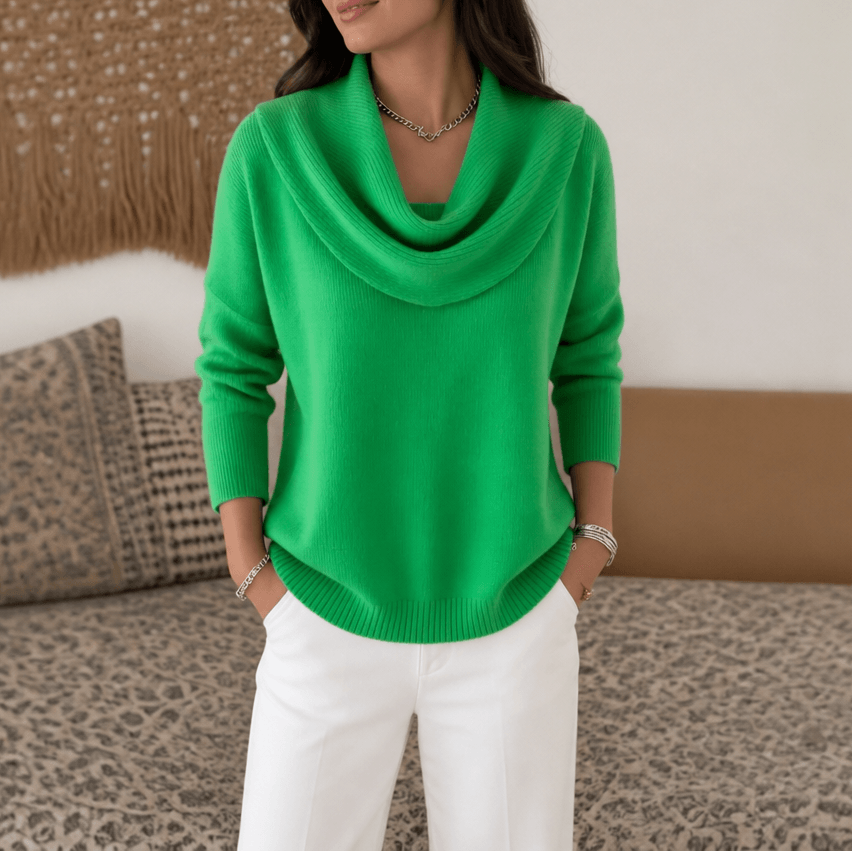 Women's Cowl Neck Drape Knitted Sweater with Long Sleeves