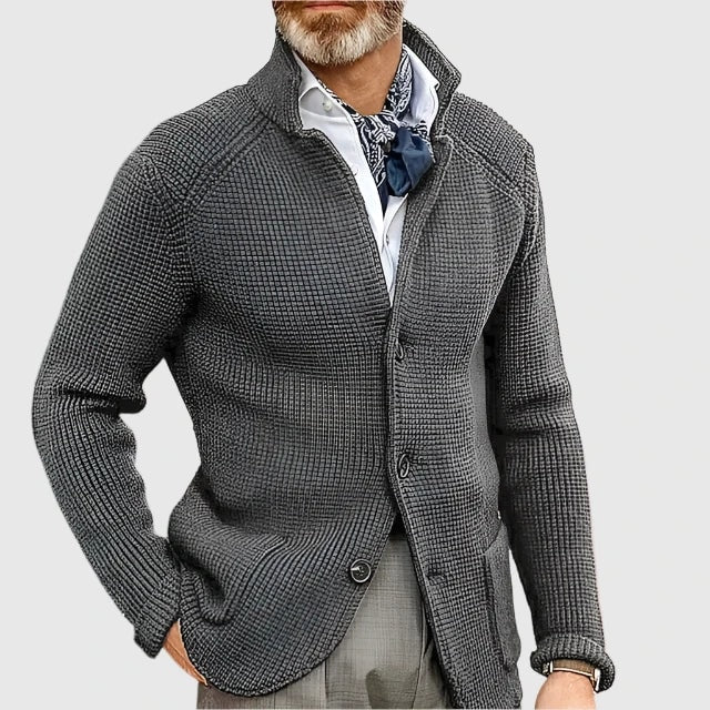 Waffle-Knit Button-Front Mens Sweaters Cardigan with Stand Collar
