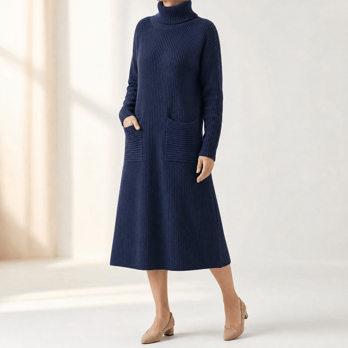 Velara Women's Relaxed Turtleneck Knitted Sweater Maxi Dress with Pockets