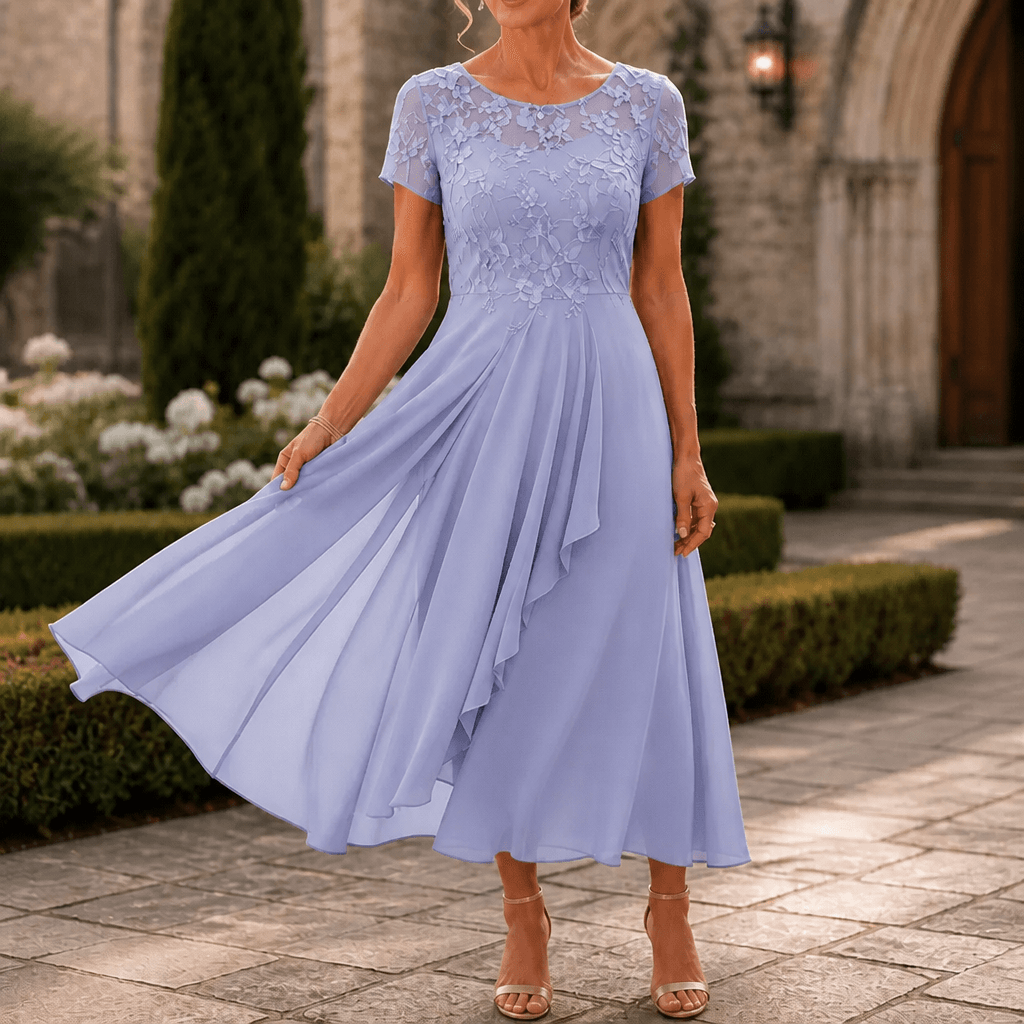 Floral Lace Bodice Chiffon Women's Midi Dress with Short Sleeves
