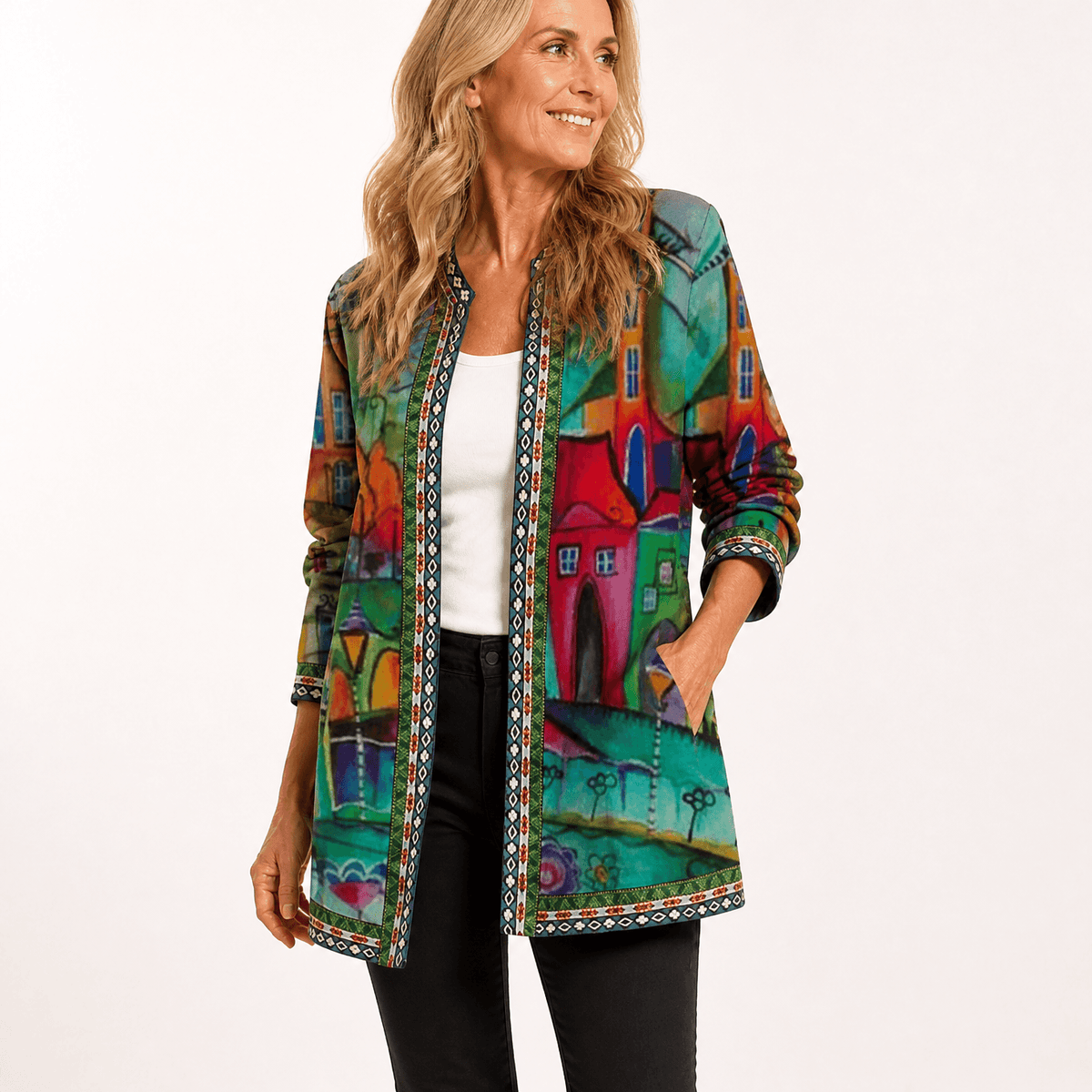 Patterned Open-Front Jacket with Embellished Trim for Women