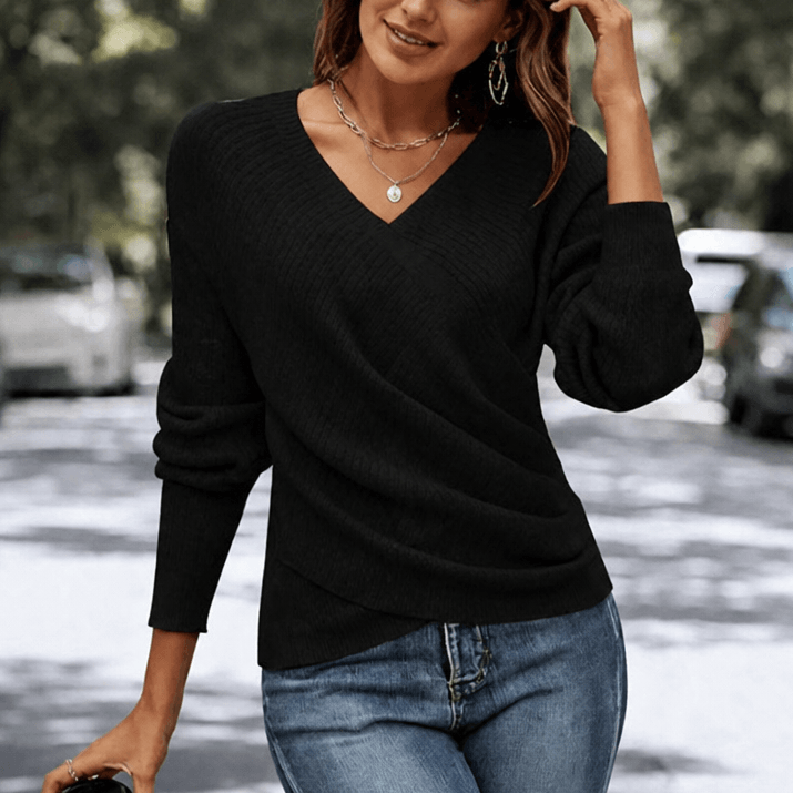 Women's Crossover Wrap V-Neck Knitted Sweater with Cinched Waist Detail