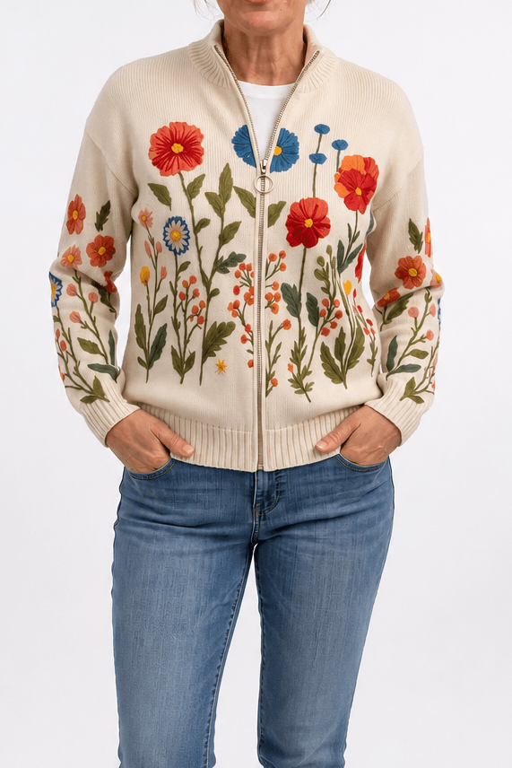 Women's Botanical Print Zip-Up Knit Cardigan Jacket
