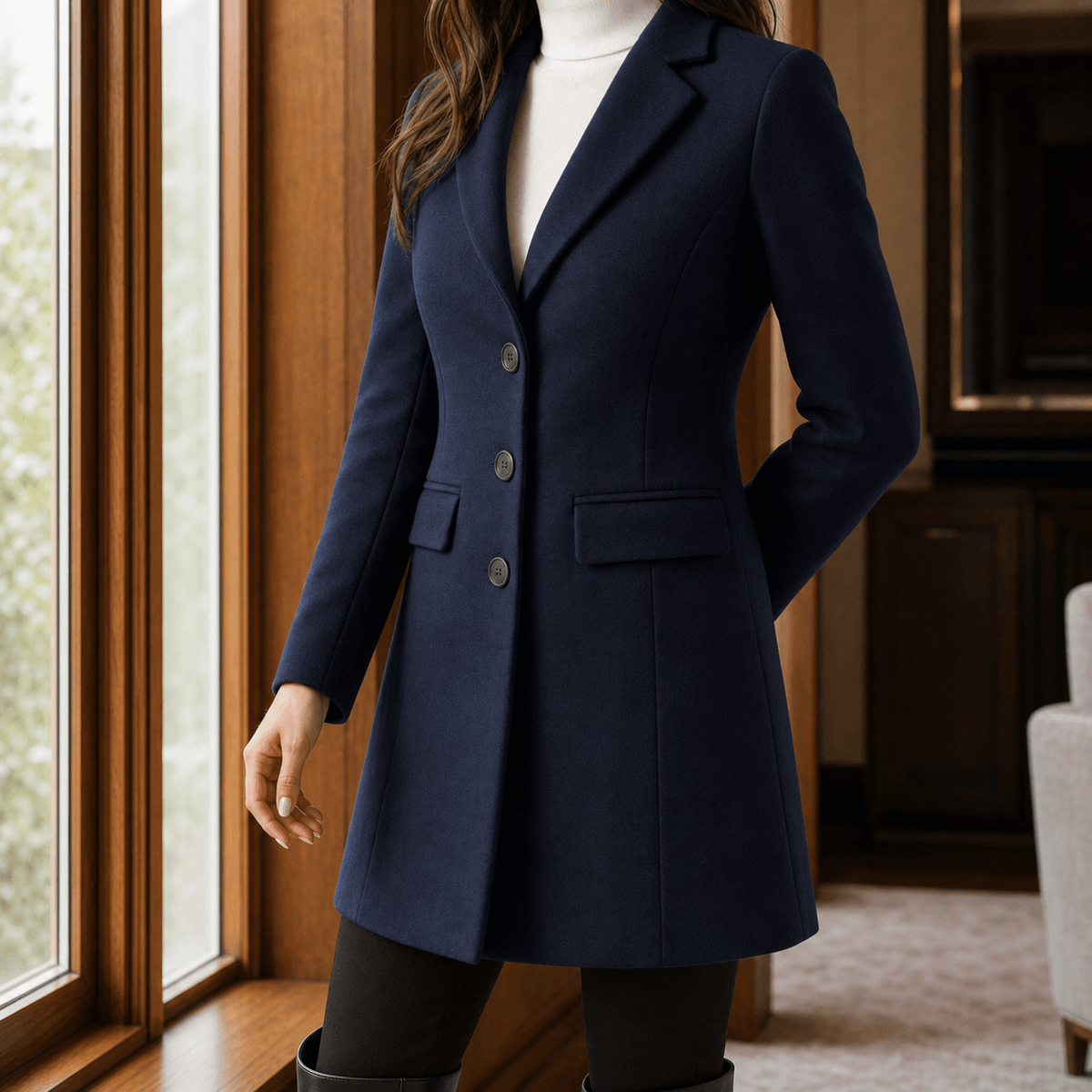 Women's Wool-Blend Tailored Winter Coat with Notched Lapel