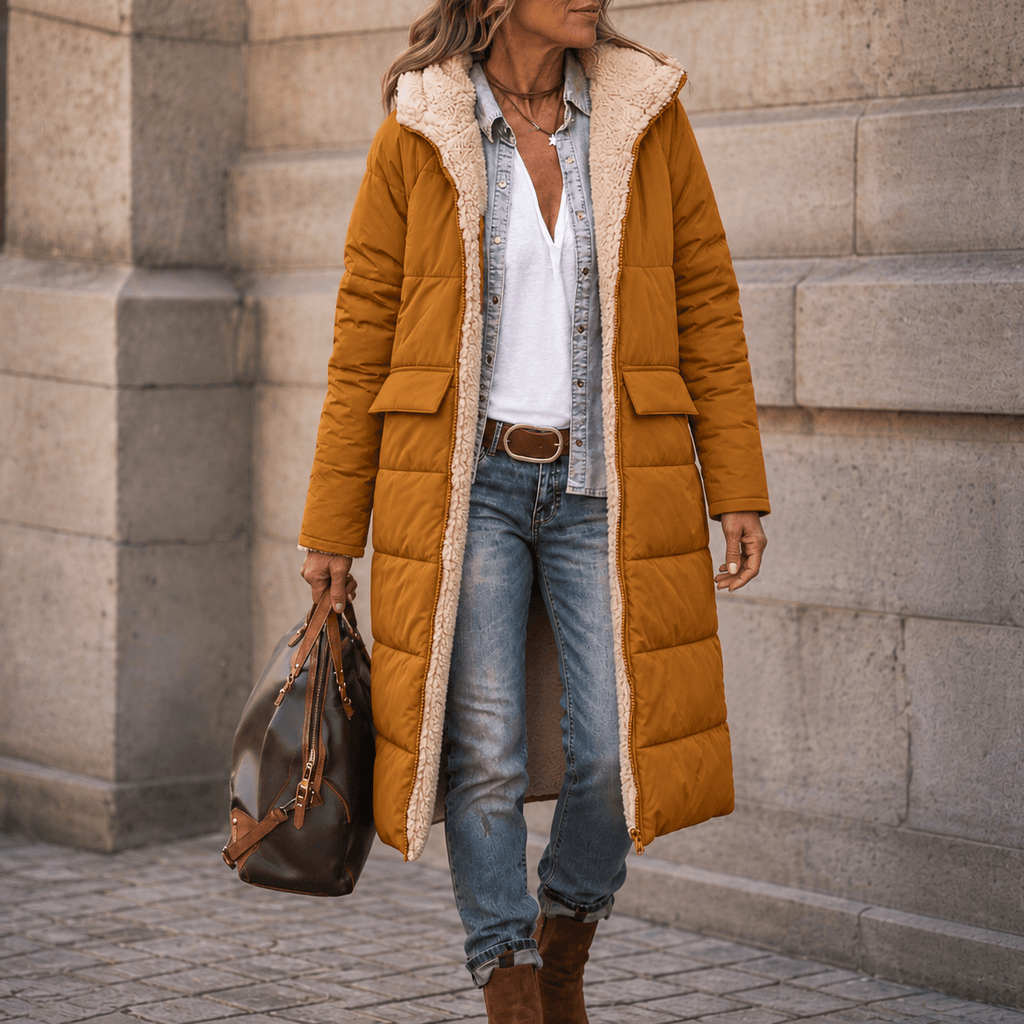 Reversa Women's Reversible Hooded Long Winter Coat with Faux Shearling Lining