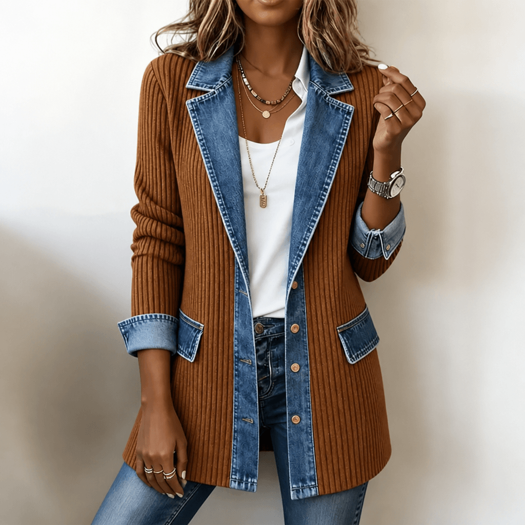 Women's Ribbed Knit Longline Sweater Cardigan with Denim Panel Trim