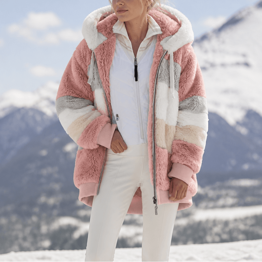 Furvella Women's Color-Block Oversized Faux Fur Hooded Winter Coat