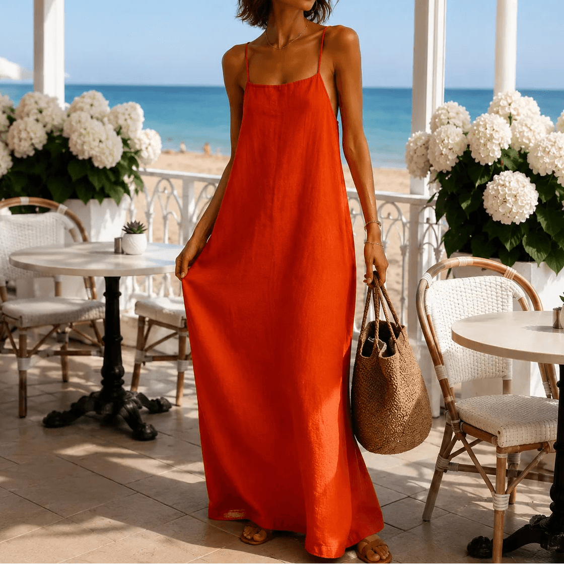 Marelle Spaghetti Strap Linen-Look Women's Midi-Length Slip Dress