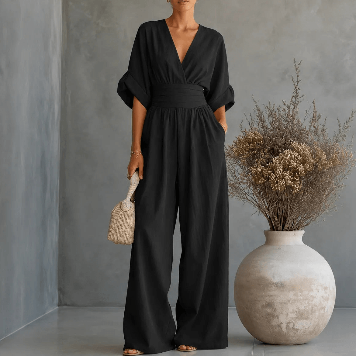 Wide-Leg Jumpsuit with V Neck and Pleated Waist Sash