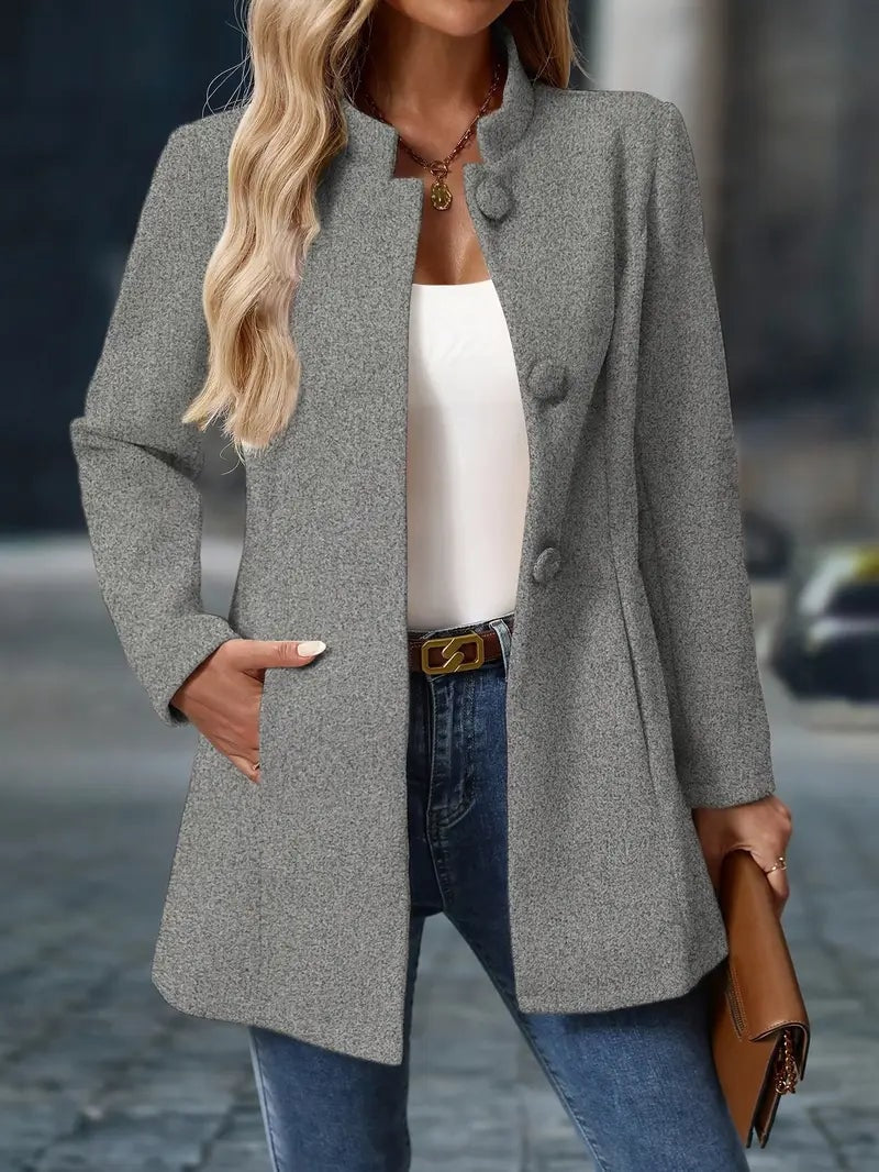 Sofia Button-Front Stand Collar Wool Blend Winter Coat for Women