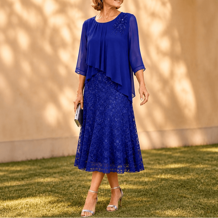 Elavine Floral Lace Overlay Chiffon Women's Midi Dress with Sheer Sleeves