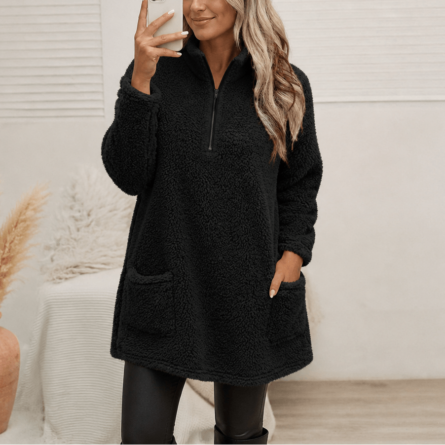Women's Longline Half-Zip Sherpa Fleece Pullover with Pockets