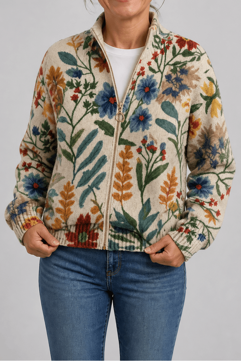 Women's Botanical Print Zip-Up Knit Cardigan Jacket