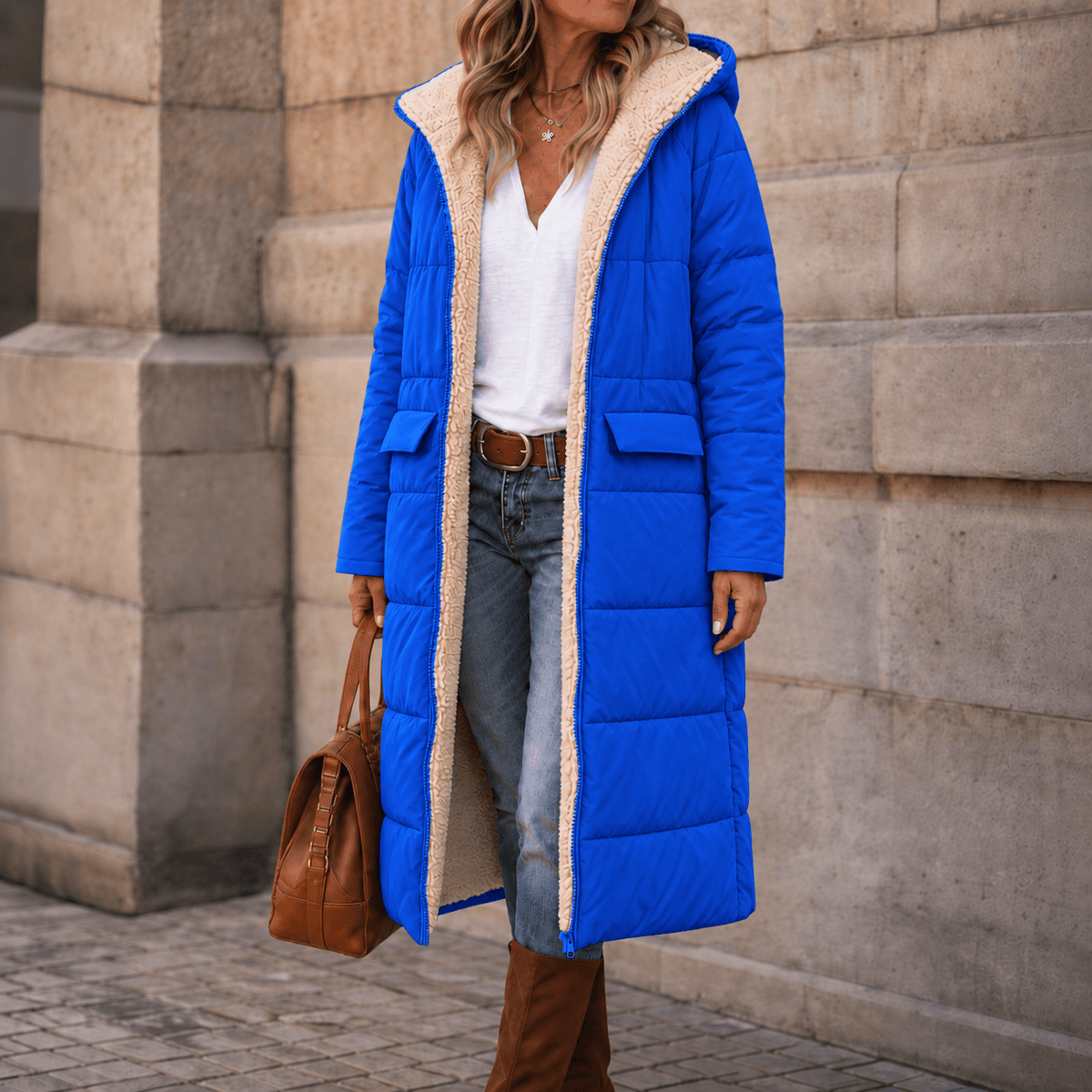 Reversa Women's Reversible Hooded Long Winter Coat with Faux Shearling Lining