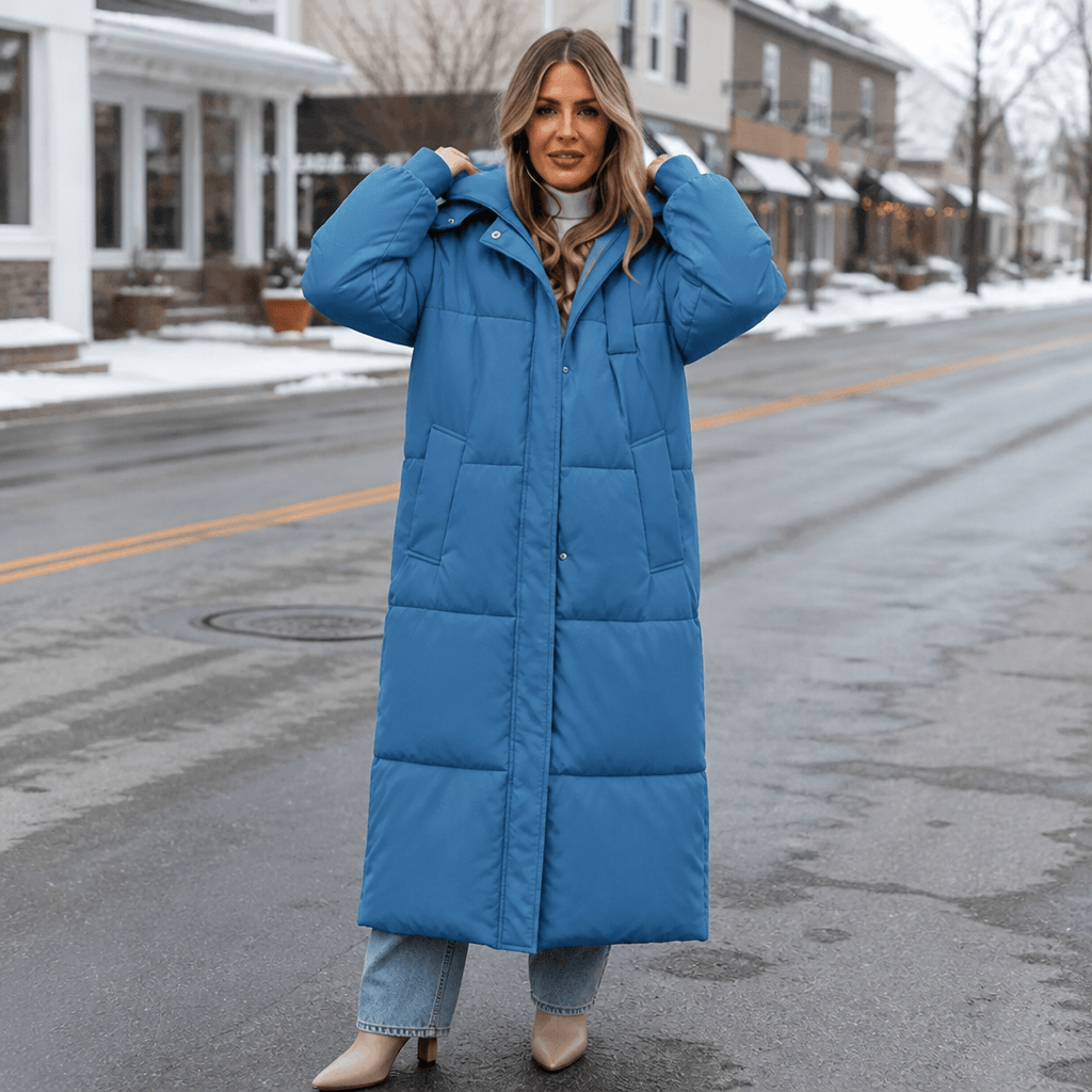 Women's Long Hooded Quilted Puffer Jacket with Side Pockets