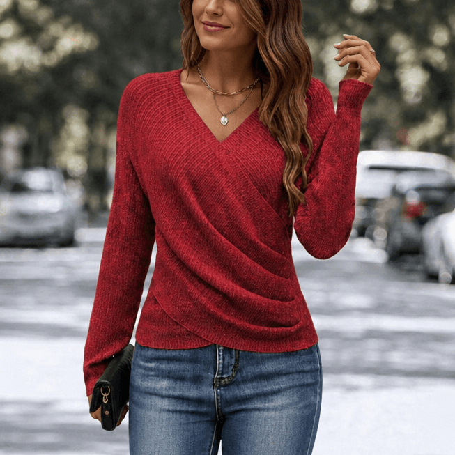 Women's Crossover Wrap V-Neck Knitted Sweater with Cinched Waist Detail