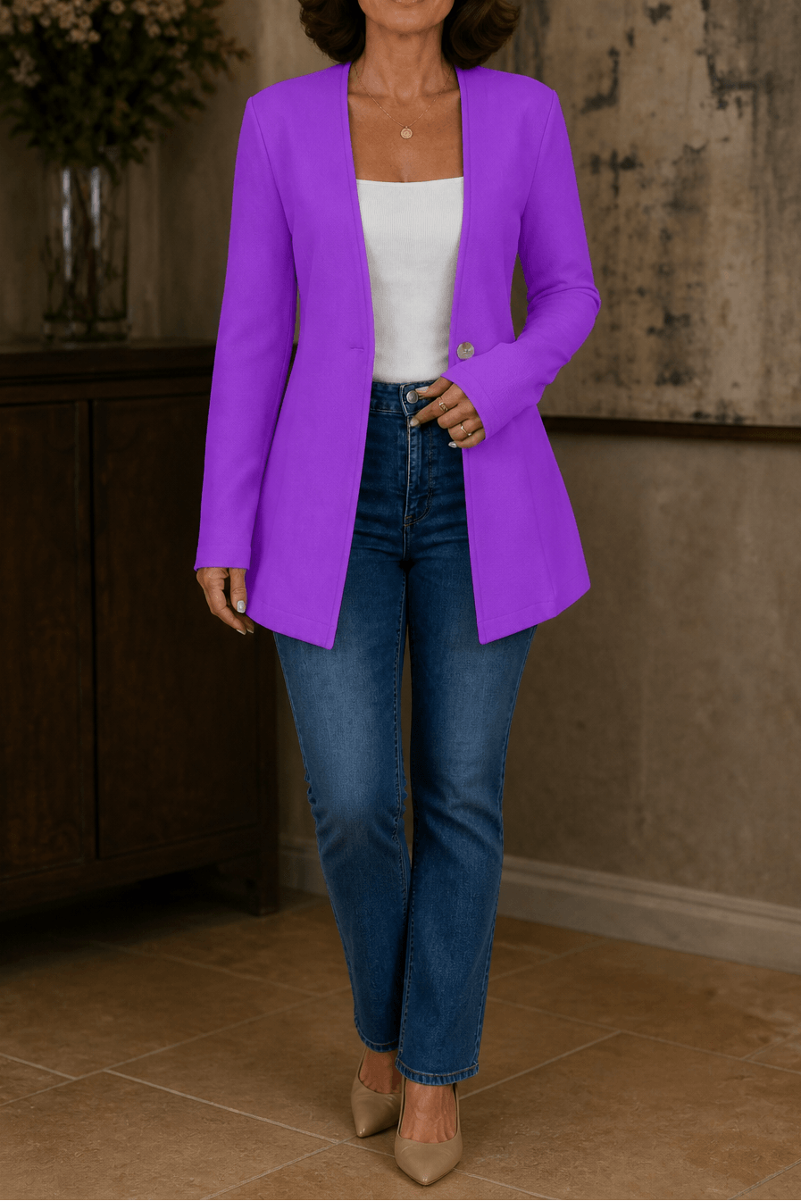 Linevalle Women's V-Neck Single-Button Longline Polyester Tailored Blazer
