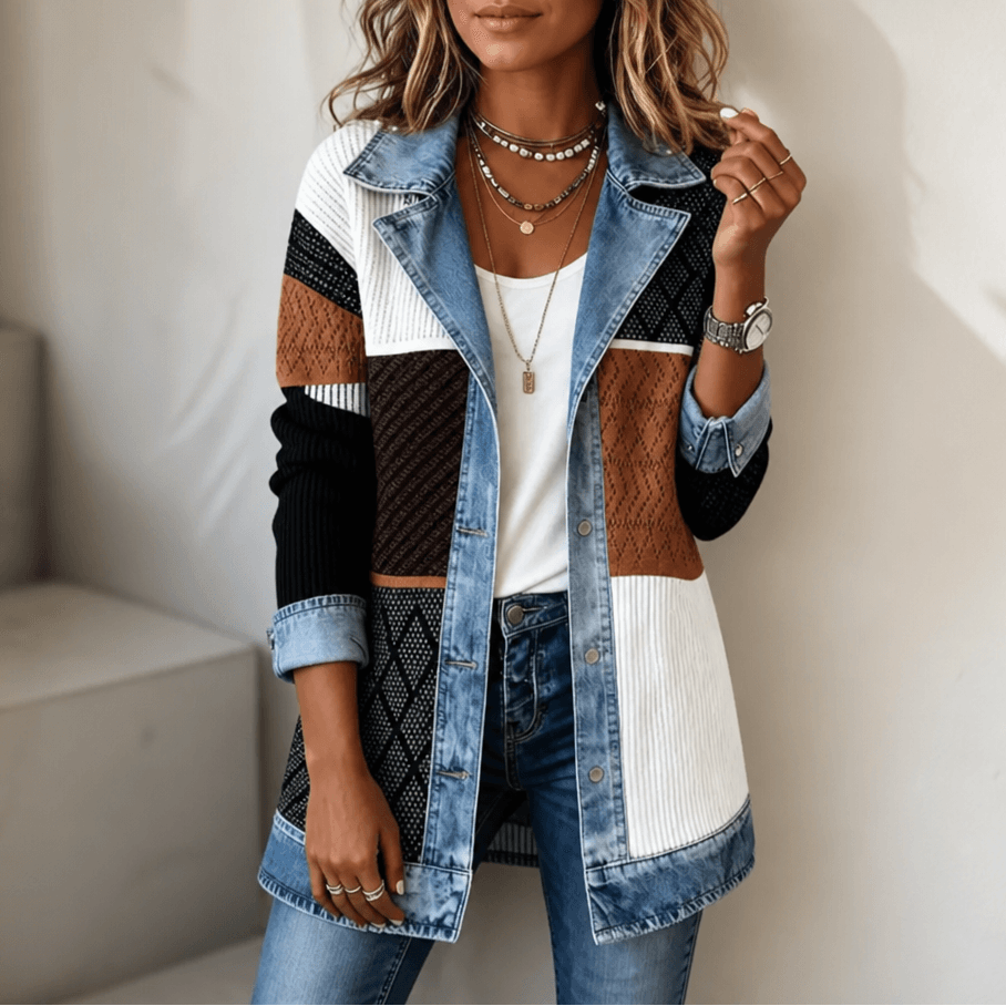 Women's Ribbed Knit Longline Sweater Cardigan with Denim Panel Trim
