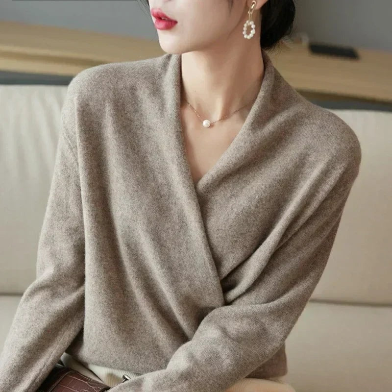 Women's Wrap-Front Knitted Sweater with V-Neck and Ribbed Hem