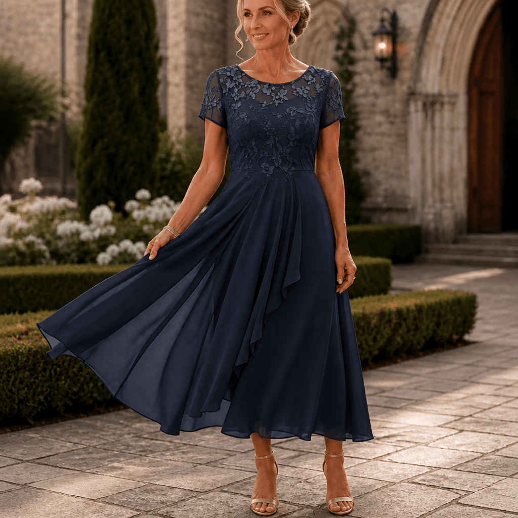 Floral Lace Bodice Chiffon Women's Midi Dress with Short Sleeves