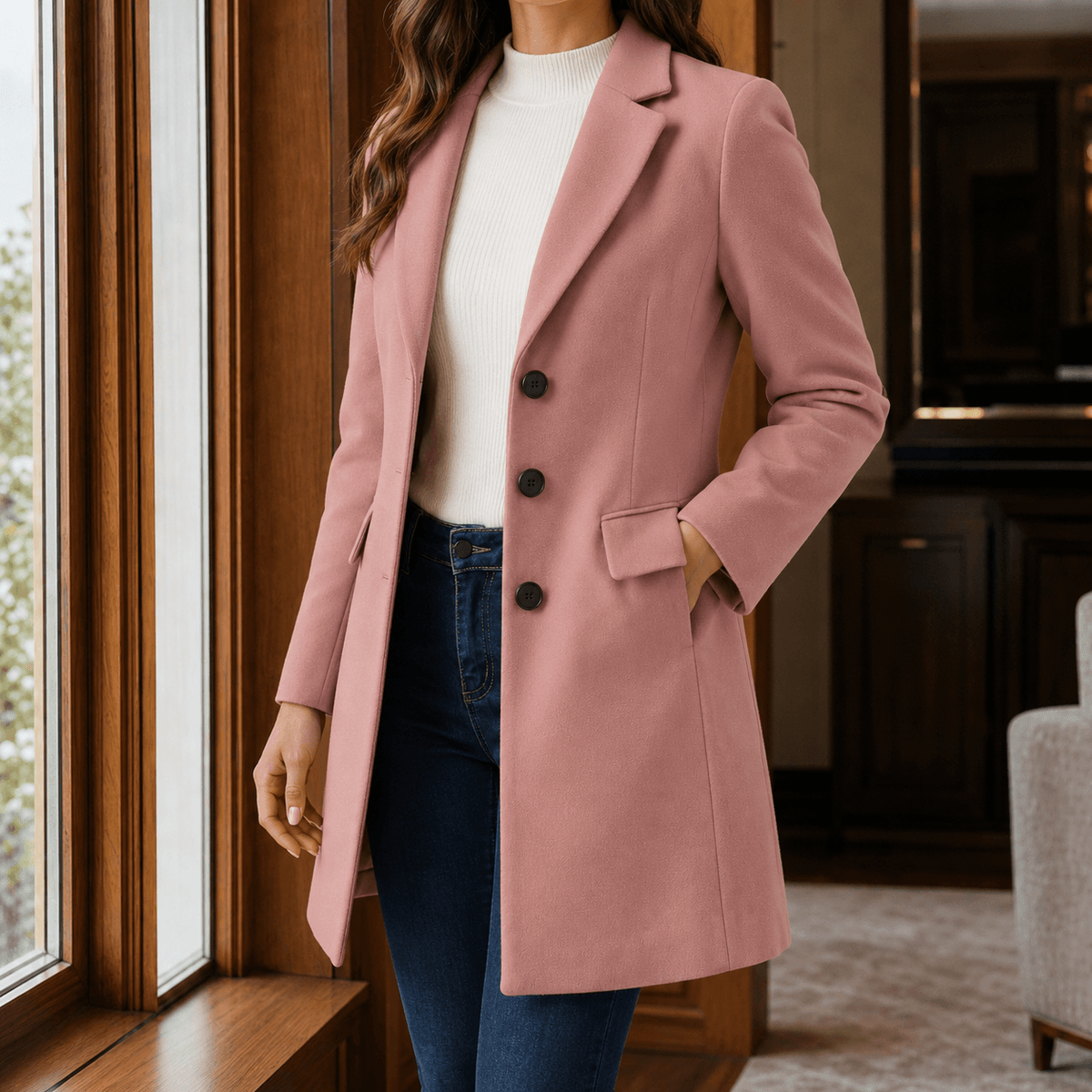 Women's Wool-Blend Tailored Winter Coat with Notched Lapel
