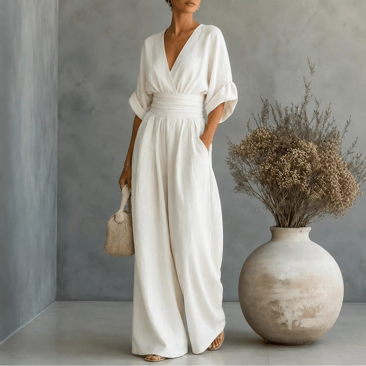 Wide-Leg Jumpsuit with V Neck and Pleated Waist Sash