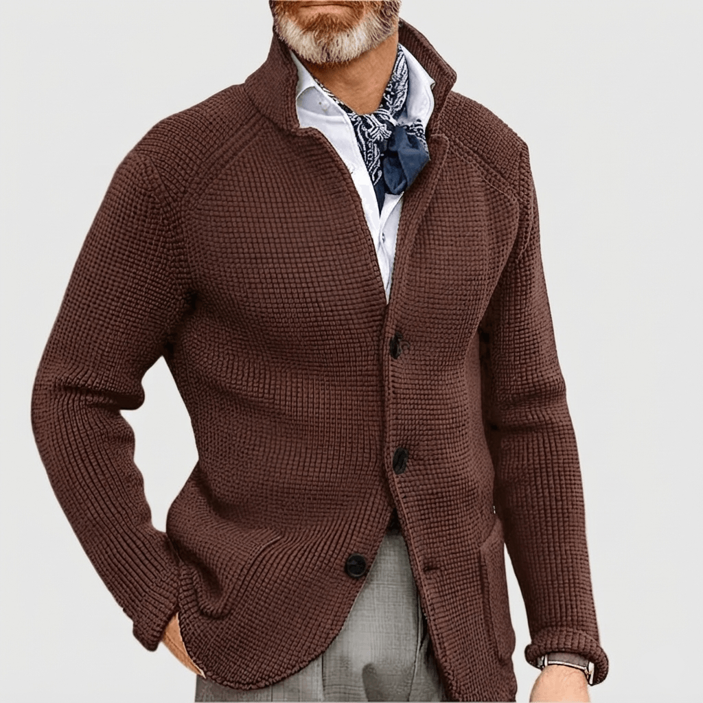 Waffle-Knit Button-Front Mens Sweaters Cardigan with Stand Collar