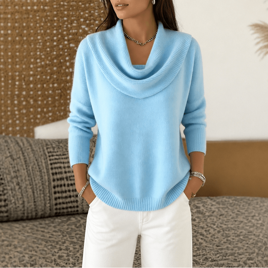 Women's Cowl Neck Drape Knitted Sweater with Long Sleeves