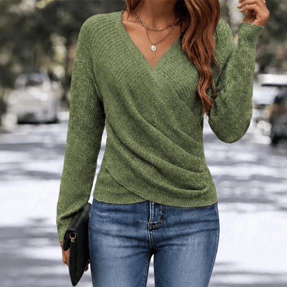 Women's Crossover Wrap V-Neck Knitted Sweater with Cinched Waist Detail