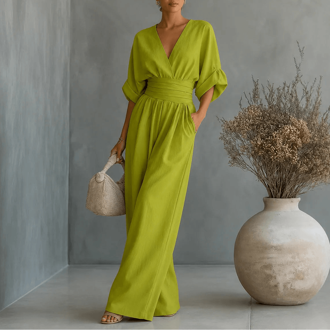 Wide-Leg Jumpsuit with V Neck and Pleated Waist Sash