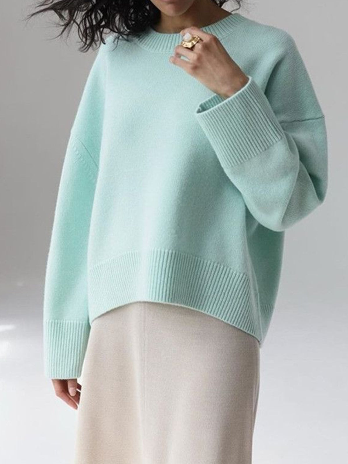 Oversized Crew Neck Sweaters for Women with Rib Trim for Fall Layering