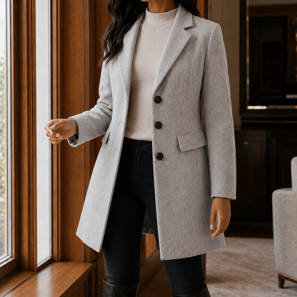 Women's Wool-Blend Tailored Winter Coat with Notched Lapel