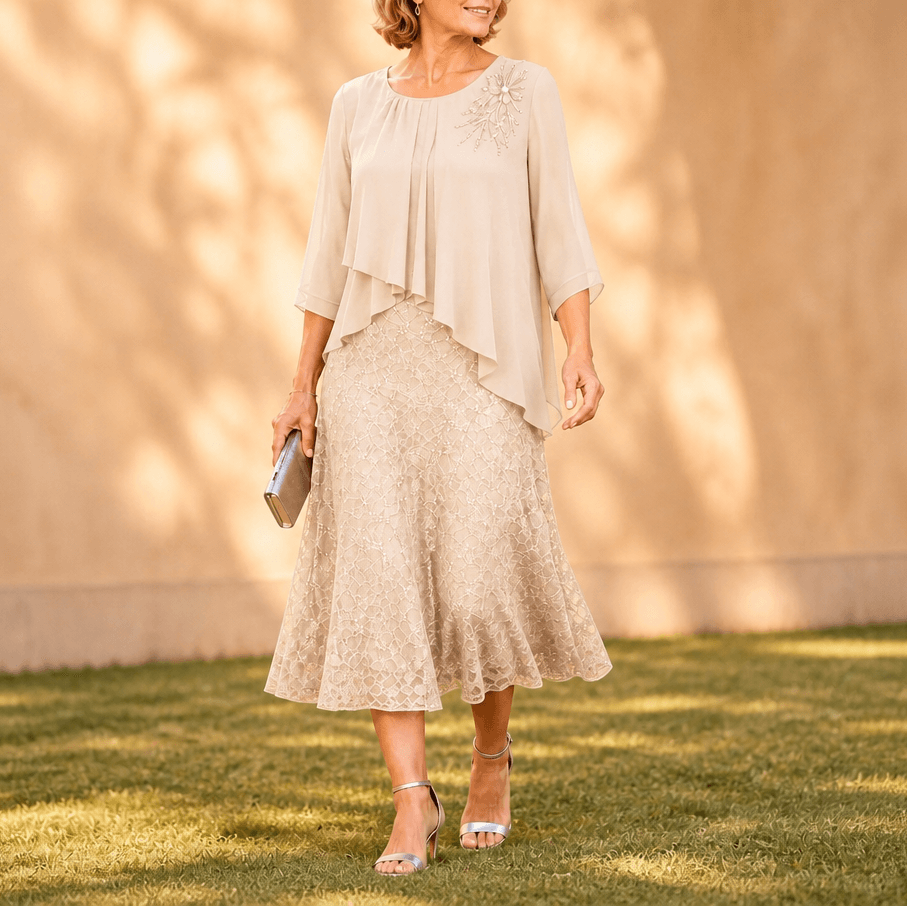 Elavine Floral Lace Overlay Chiffon Women's Midi Dress with Sheer Sleeves