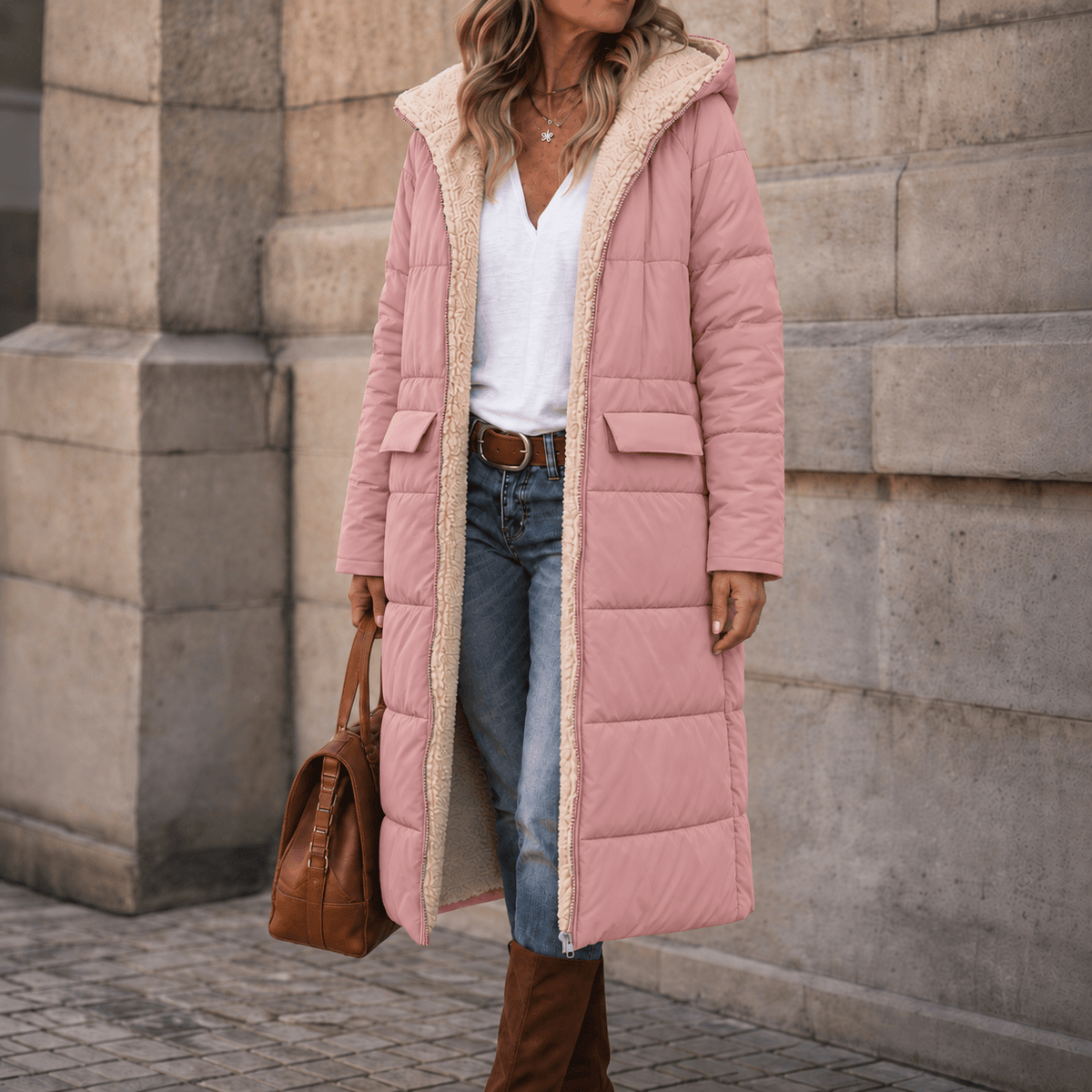 Reversa Women's Reversible Hooded Long Winter Coat with Faux Shearling Lining