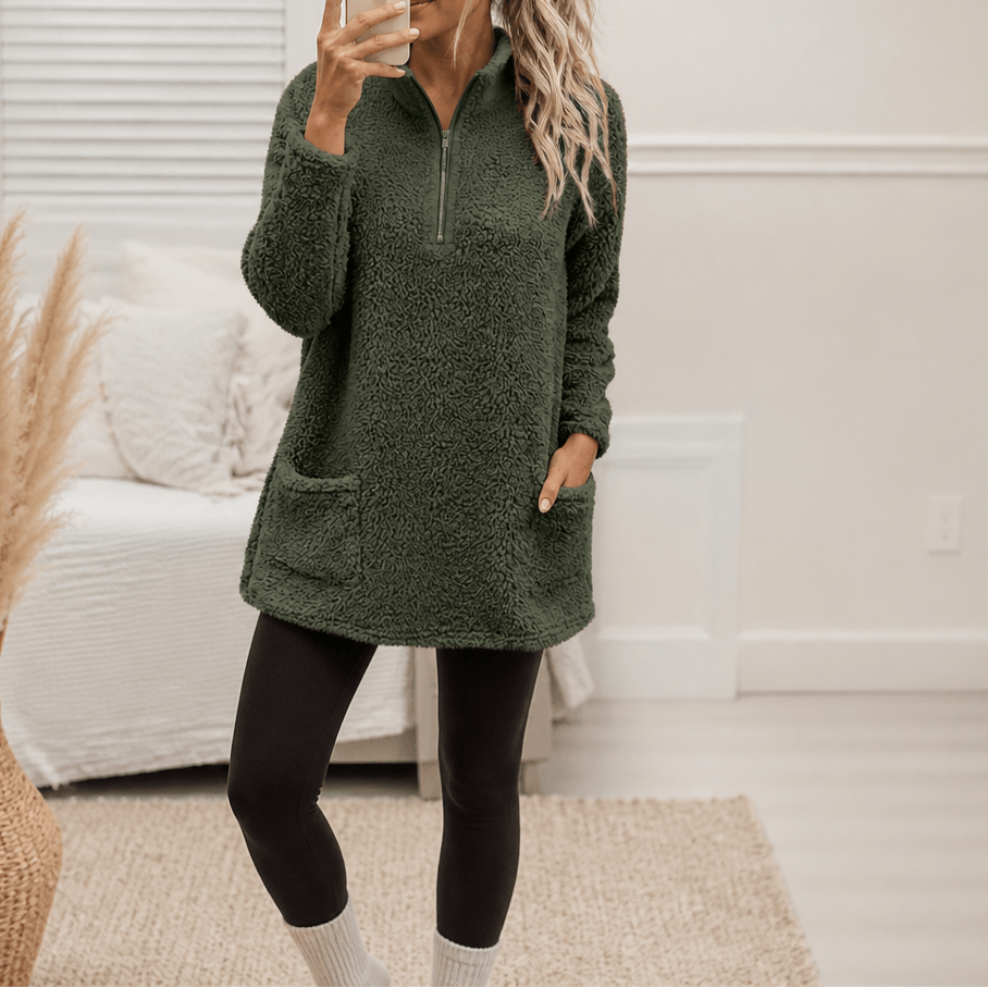 Women's Longline Half-Zip Sherpa Fleece Pullover with Pockets