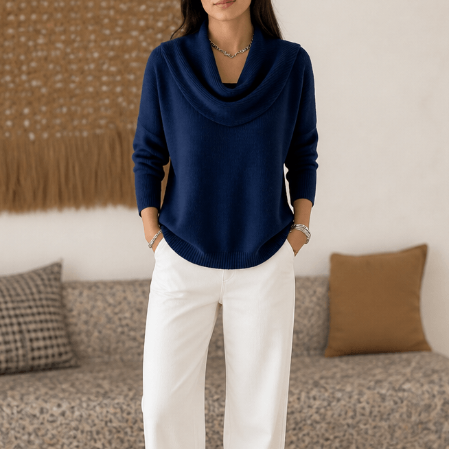 Women's Cowl Neck Drape Knitted Sweater with Long Sleeves