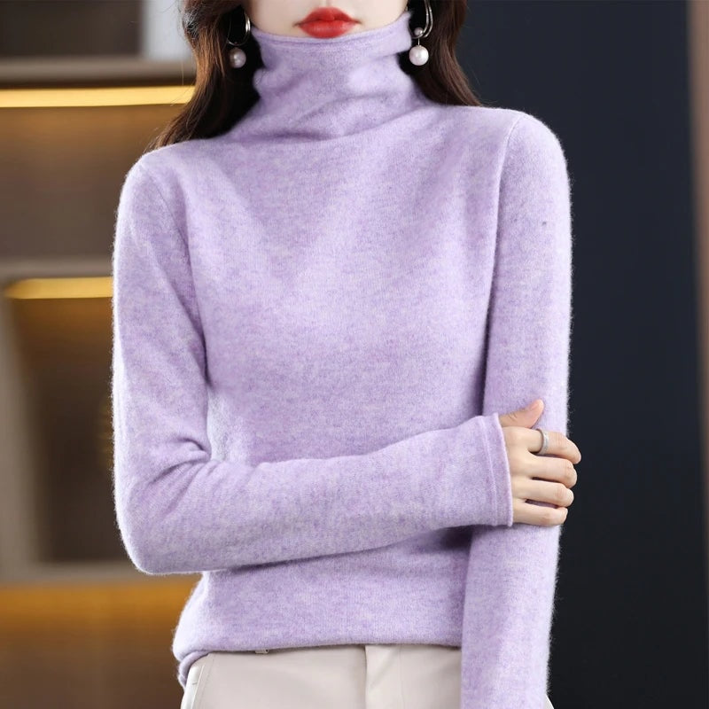 Women's Turtleneck Wool Knitted Sweater with Ribbed Cuffs