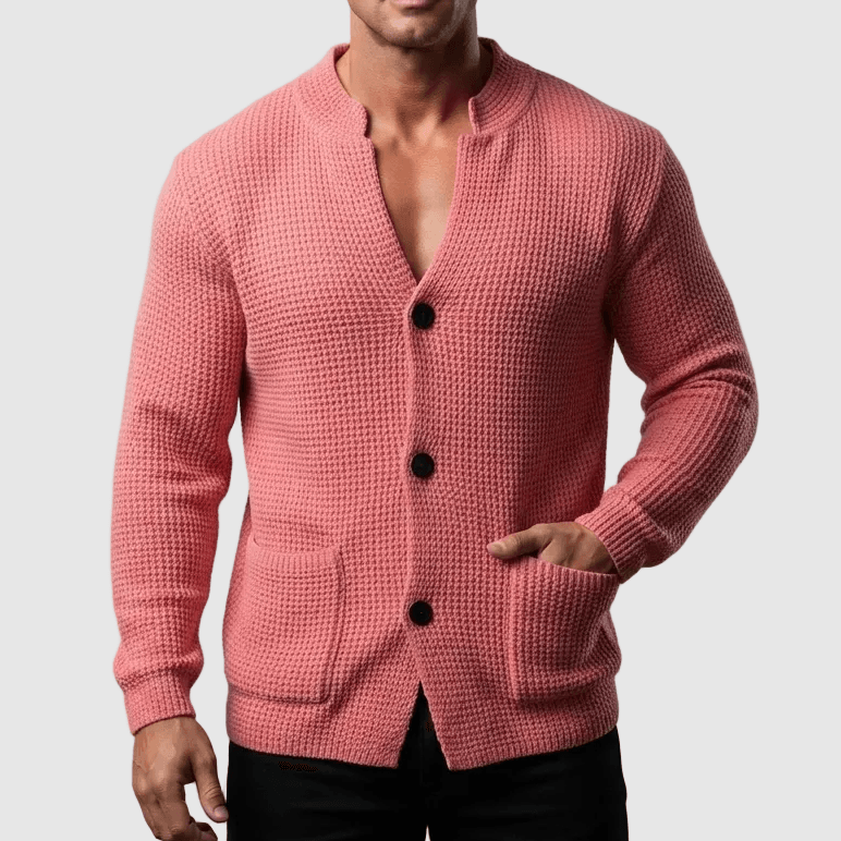 Waffle-Knit Button-Front Mens Sweaters Cardigan with Stand Collar