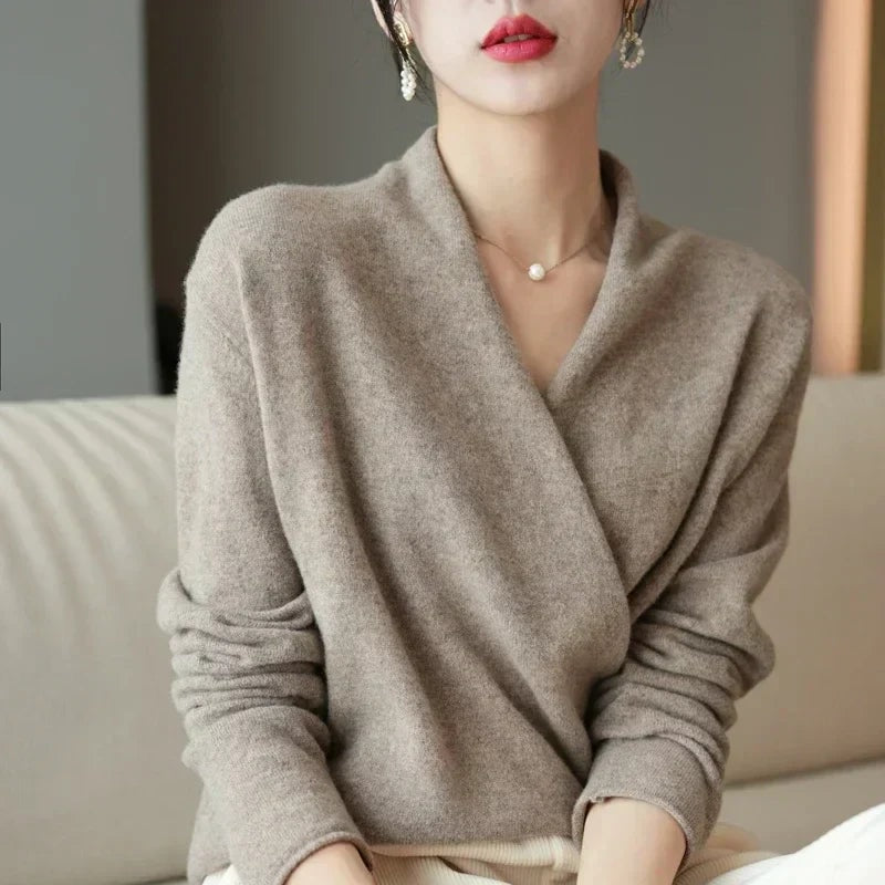 Women's Wrap-Front Knitted Sweater with V-Neck and Ribbed Hem