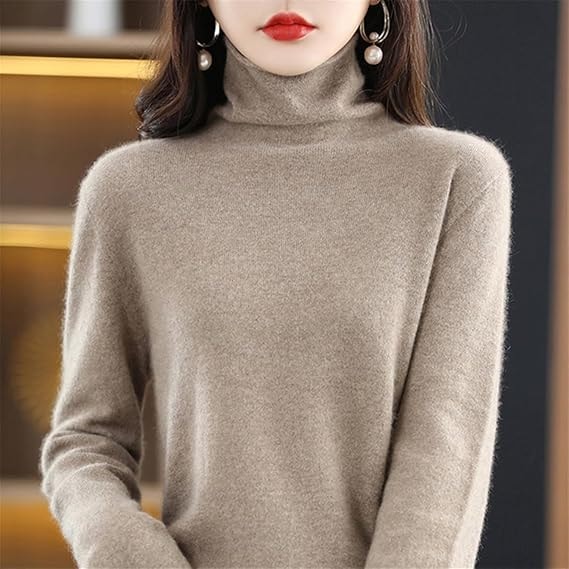 Women's Turtleneck Wool Knitted Sweater with Ribbed Cuffs