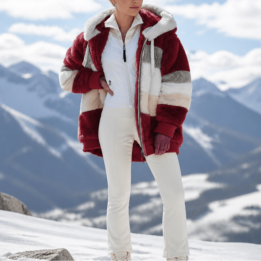 Furvella Women's Color-Block Oversized Faux Fur Hooded Winter Coat
