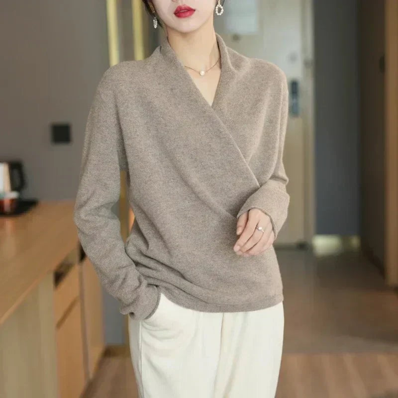 Women's Wrap-Front Knitted Sweater with V-Neck and Ribbed Hem
