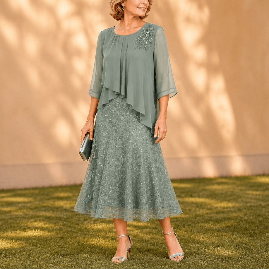 Elavine Floral Lace Overlay Chiffon Women's Midi Dress with Sheer Sleeves