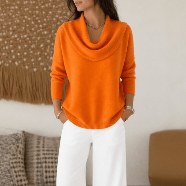 Women's Cowl Neck Drape Knitted Sweater with Long Sleeves